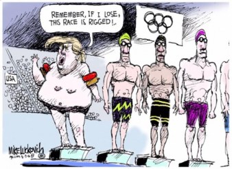 It could never ever be because he's unqualified. Editorial cartoon by Mike Luckovich, Atlanta Journal-Constitution.