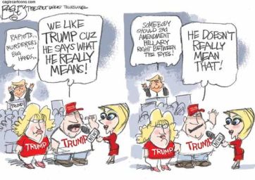 Don't listen to the words he actually says; that's biased! Editorial cartoon by Pat Bagley, Salt Lake Tribune.