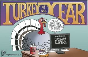 It wouldn't surprise me at all if a turkey were actually writing that tripe. Editorial cartoon by Bruce Plante, Tulsa World.