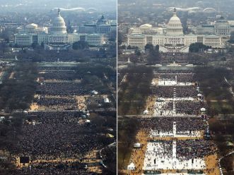 Son, you gonna believe me, or your lyin' eyes? I think I'll believe my eyes, and data from transportation agencies and say the 2017 inauguration (on the right) drew nowhere near the number of people the 2009 inauguration (on the left) did. Image found on ABC News.