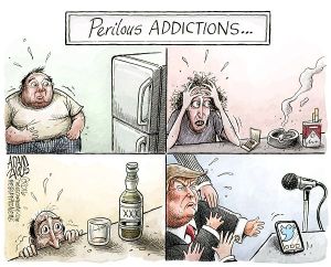 Somebody get him to a 12-step program, STAT! Editorial cartoon by Adam Zyglis, Buffalo News.