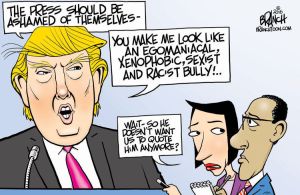 Well, full transcripts are hideously unfair. The context is right there for all to see! Sad! Editorial cartoon by John Branch, Branchtoons.