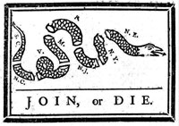 This cartoon first appeared in the May 9, 1754, edition of Franklin's Pennsylvania Gazette. Image found on TeachingHistory.org.