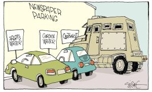 Some cartoonists should probably consider upgrading their transportation to this ... Editorial cartoon by Signe Wilkinson, Philadelphia Daily News.